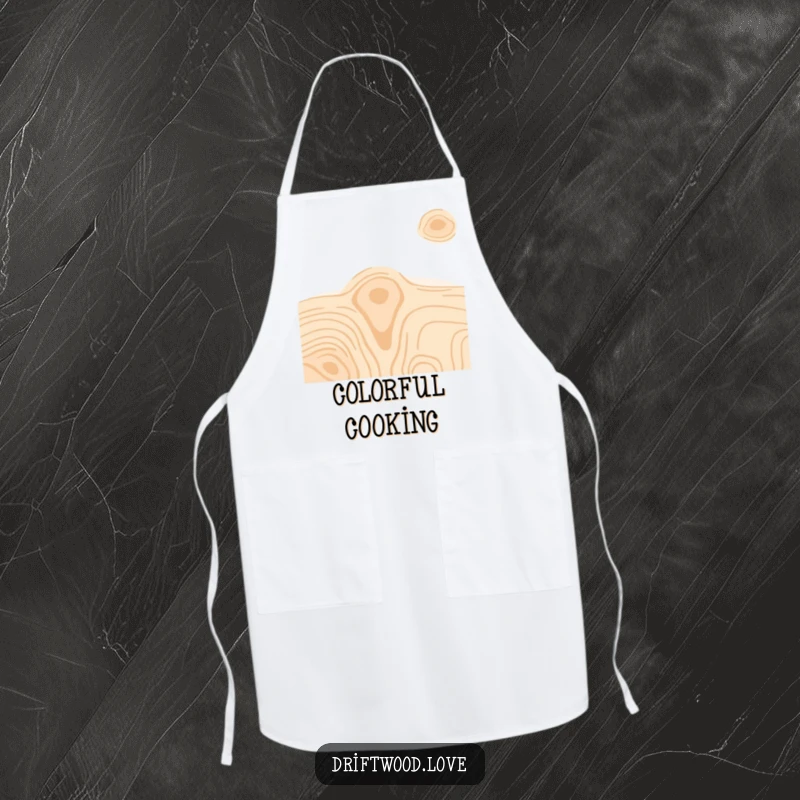 Funny apron depicting minimalist wood grain textures in vibrant, contrasting colors, designed for creative kitchen use.