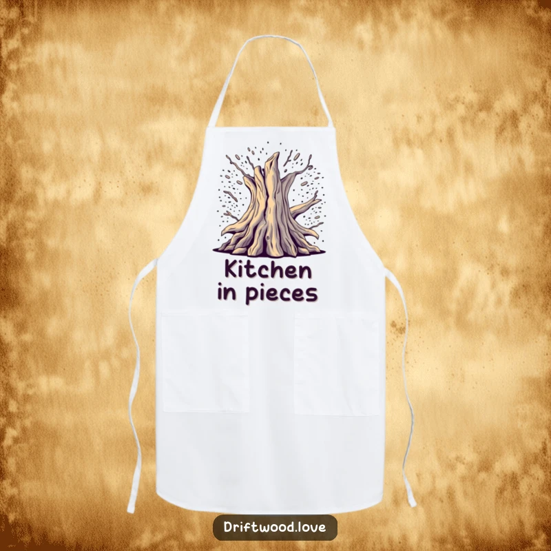 Funny Creative Apron depicting fragmented, deconstructed driftwood emerging from digital noise, blending art and utility for chefs.
