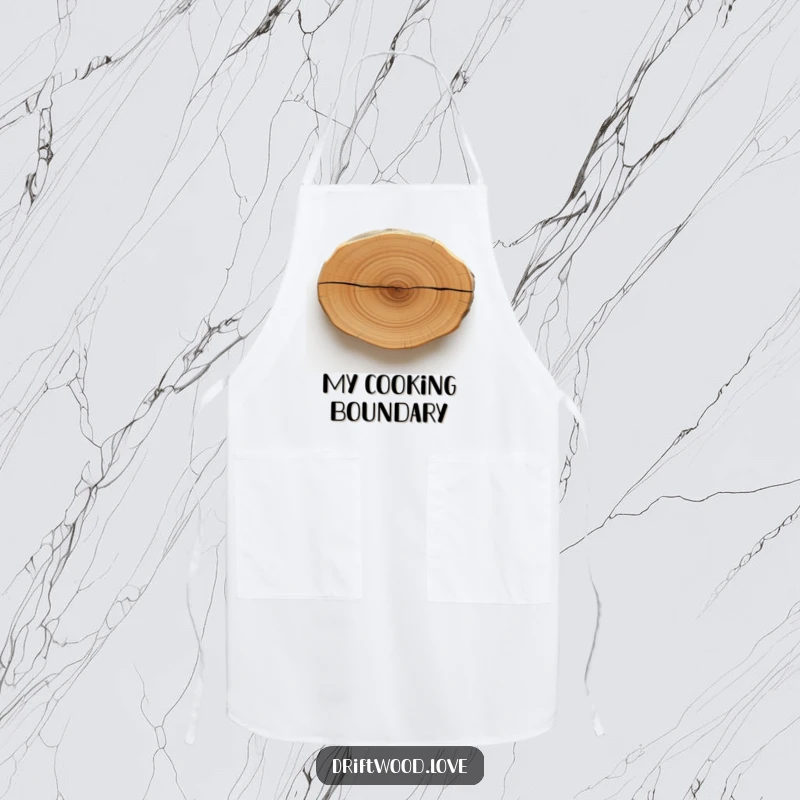 Funny apron depicting a smooth, polished driftwood piece with a single, bold, dark line, ideal for kitchen creativity and humor.