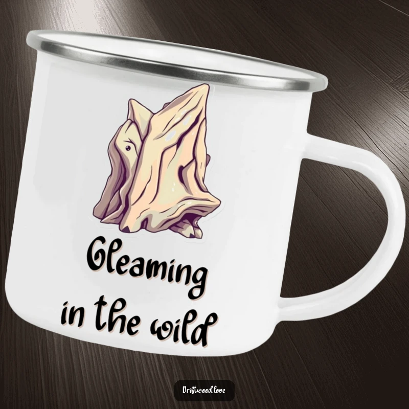 Funny Explorer Camping Mug with sculptural driftwood having sharp, futuristic angles and metallic highlights, ready for any journey.