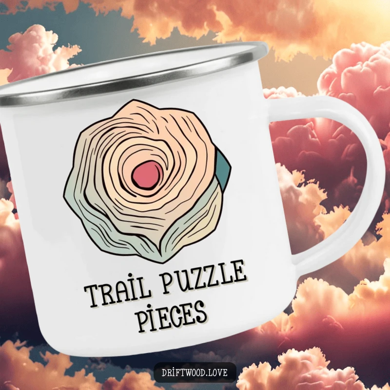 Funny camping mug with abstract, interlocking geometric shapes inspired by the curves of weathered wood, perfect for rugged outdoor use.