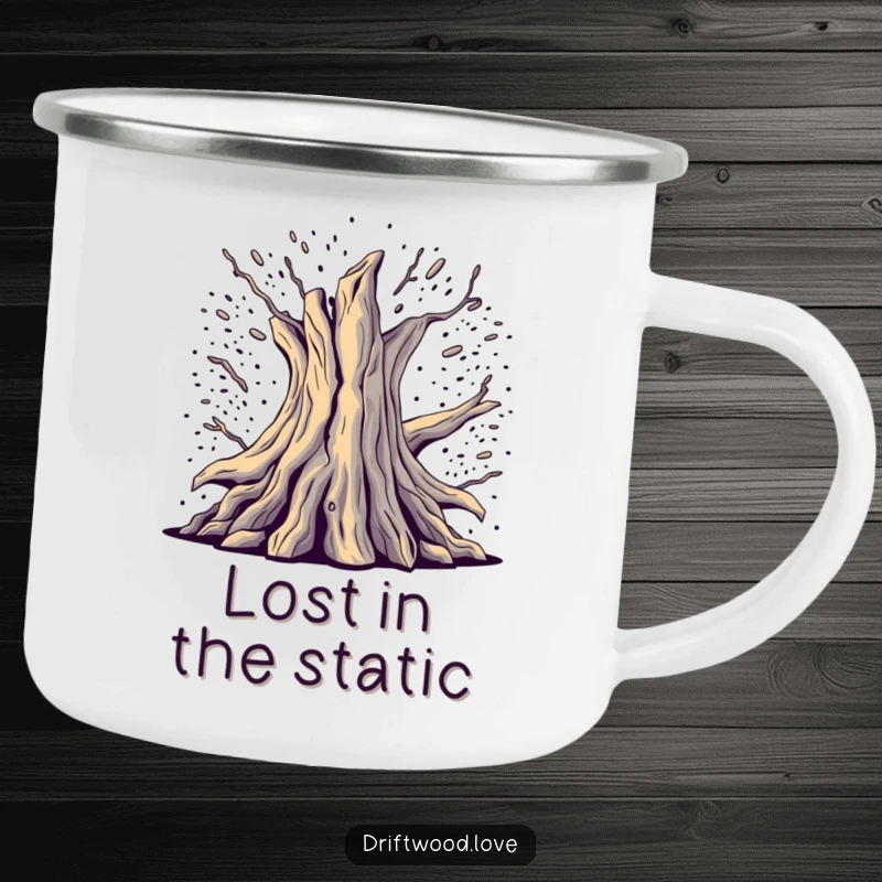 Funny Explorer Camping Mug with fragmented, deconstructed driftwood emerging from digital noise, blending nature and digital aesthetics.