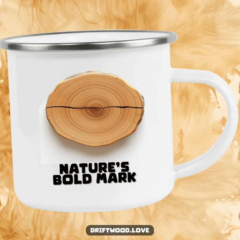 Funny camping mug with a rugged, polished driftwood design featuring a single, bold, dark line, perfect for outdoor use.