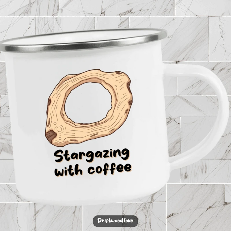 Funny Explorer Camping Mug with elongated driftwood and negative space resembling a celestial body, perfect for outdoor stargazing.