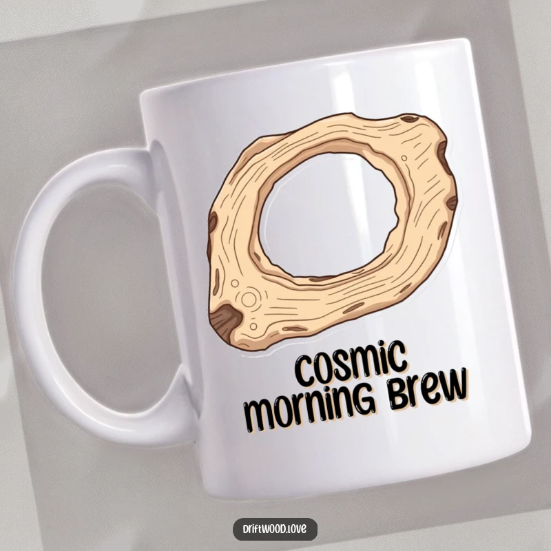 Funny Celestial Driftwood Mug featuring an elongated piece with carved-out negative space resembling a celestial body, evoking cosmic wonder.