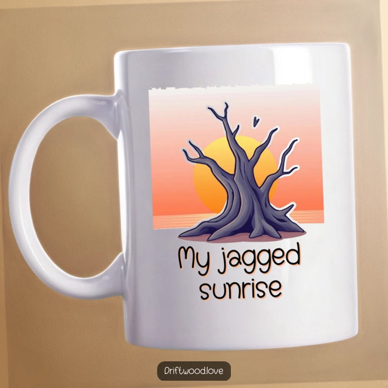 Funny coffee mug with a stylized, jagged silhouette of driftwood set against a beautiful gradient sunset background, evoking a sense of artistic beauty.