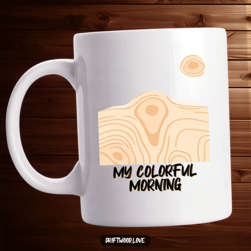 Funny coffee mug showcasing minimalist wood grain textures rendered in contrasting, vibrant colors, creating a lively artistic look.