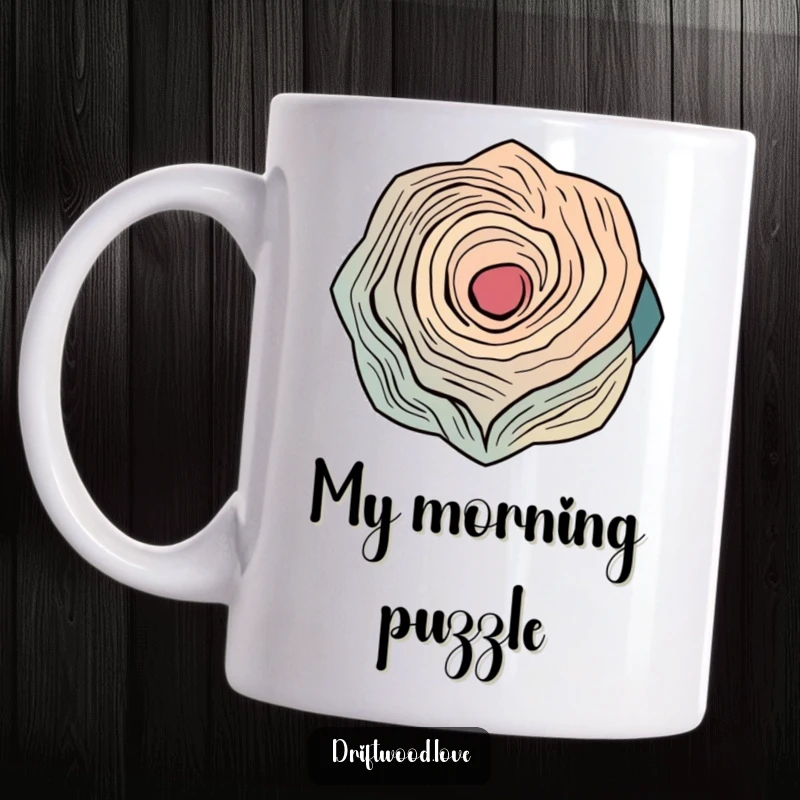 Funny coffee mug with abstract, interlocking geometric shapes inspired by the natural curves of weathered wood, offering a unique artistic design.