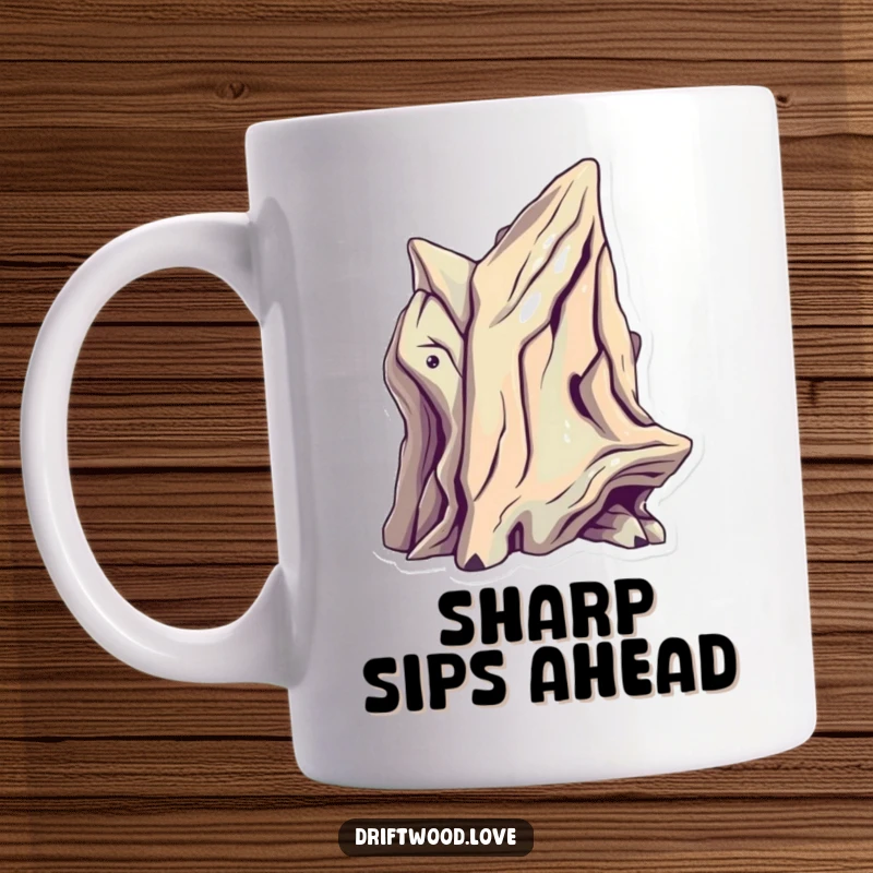 Funny Sci-Fi Driftwood Mug displaying a single, sculptural driftwood piece with sharp, futuristic angles and metallic highlights, looking avant-garde.