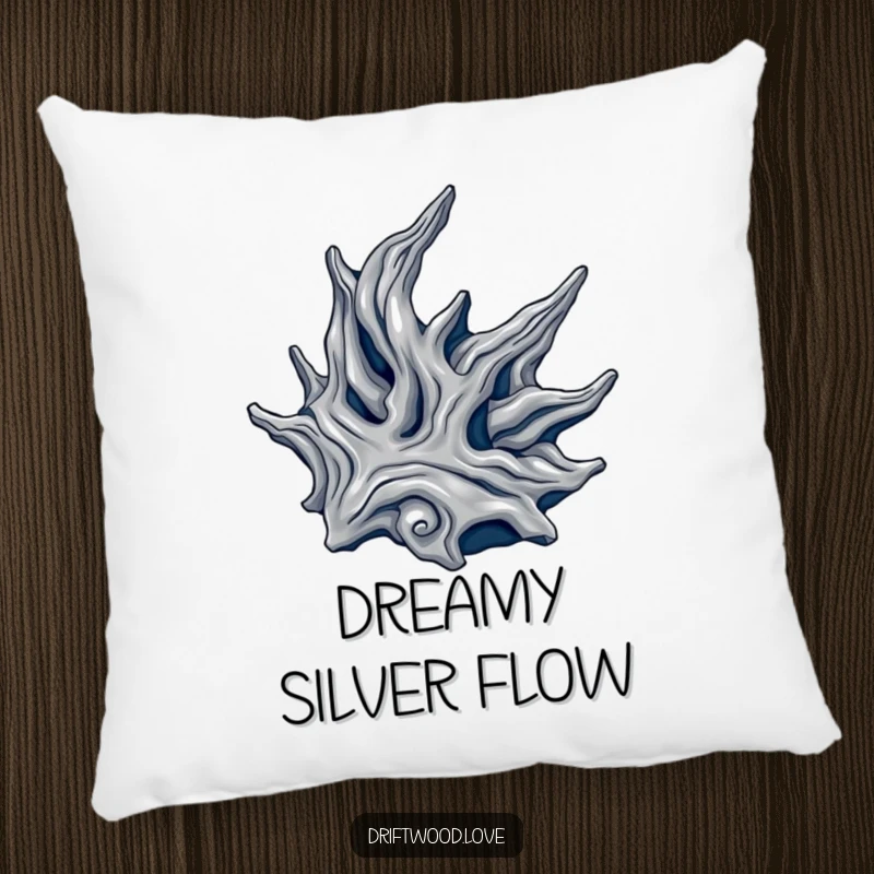 Funny pillow with a flowing, organic driftwood form in metallic silver and deep navy, offering luxurious comfort and artistic flair.