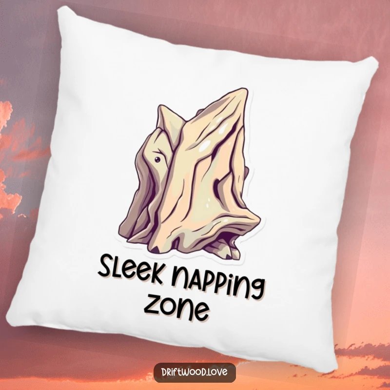 Funny Accent Pillow with a sculptural driftwood piece featuring sharp, futuristic angles and metallic highlights, adding a modern, funny touch.