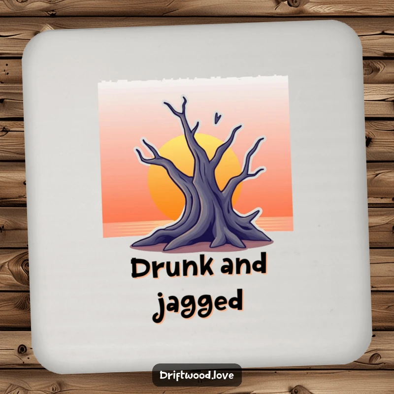 Funny drink coaster set with a jagged silhouette of driftwood against a gradient sunset background, offering artistic and protective flair.