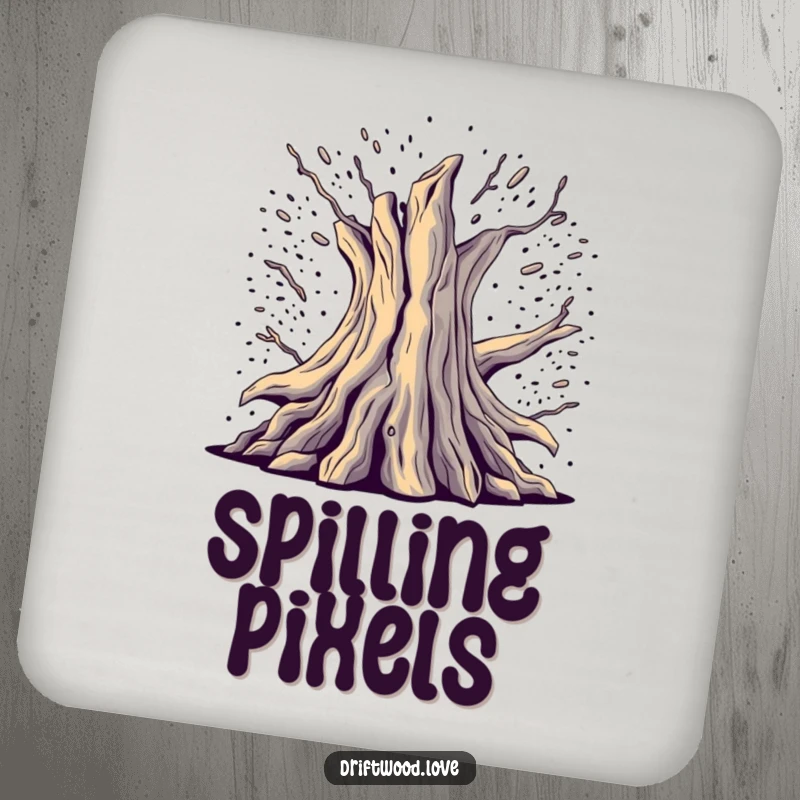 Funny Protective Coasters showcasing fragmented, deconstructed driftwood emerging from digital noise, adding a modern, funny flair.