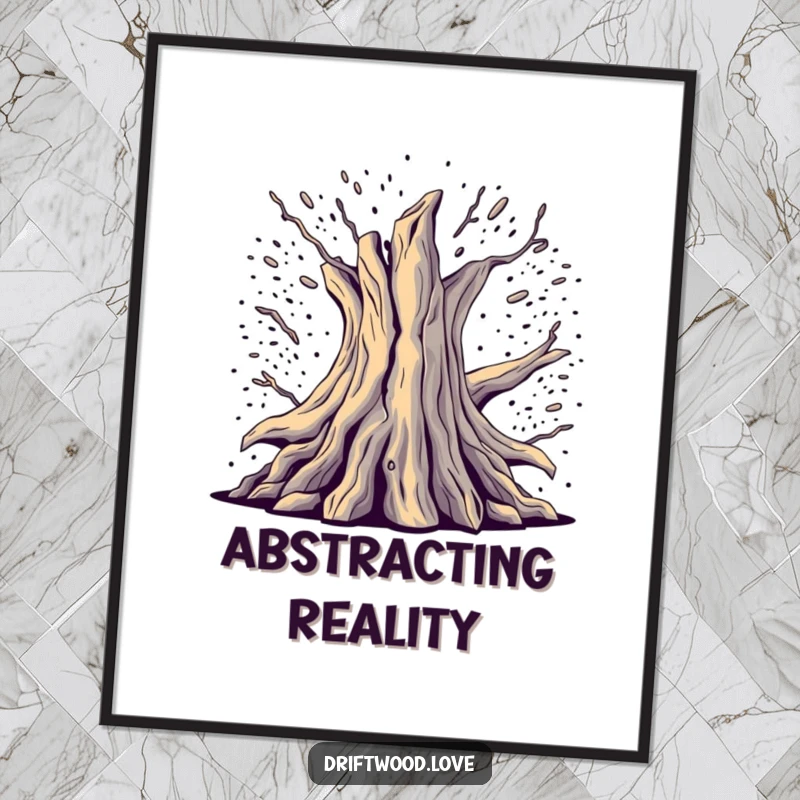 Funny Glitch Art Poster showing fragmented, deconstructed driftwood emerging from digital noise, creating a visually striking, funny piece.