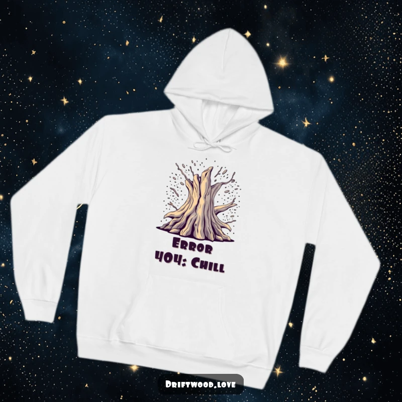 Funny Tech-Inspired Hoodie with fragmented, deconstructed driftwood emerging from digital noise, offering a unique, artistic vibe.