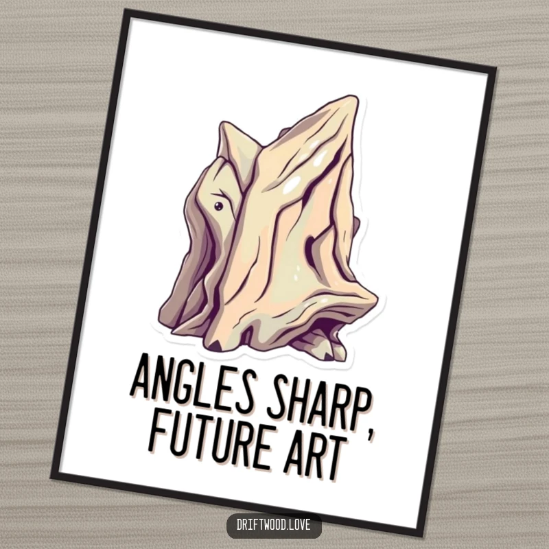 Funny Free Printable Wall Art: A single, sculptural driftwood piece with sharp, futuristic angles and metallic highlights creating a bold, contemporary art piece.