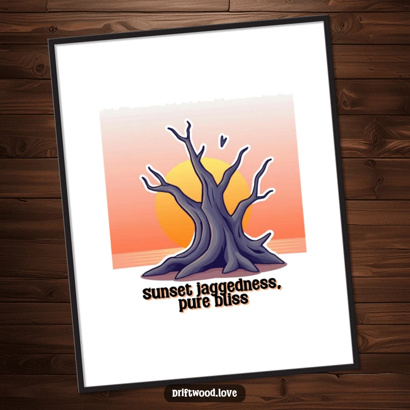 Funny Free Printable Wall Art: Stylized jagged driftwood silhouette outlined against a beautiful gradient sunset background