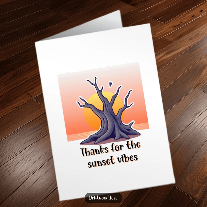 Funny Free Printable Thank You Card: Stylized jagged driftwood silhouette against a gradient sunset, perfect for a heartfelt thank you