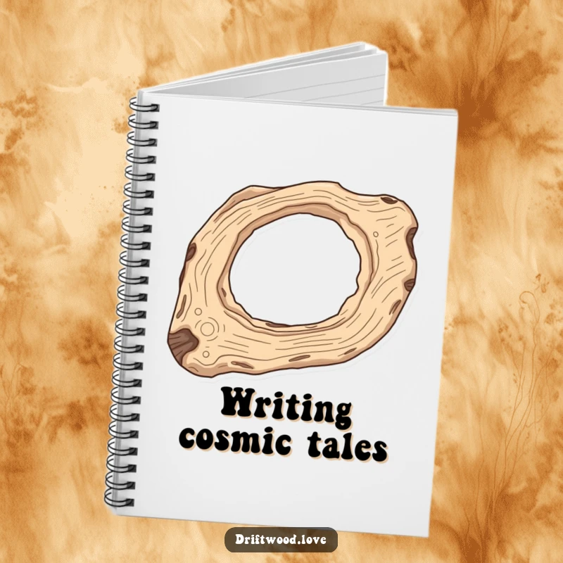 Funny Cosmic Journal with elongated driftwood and negative space shaped like a celestial body, perfect for creative writing.