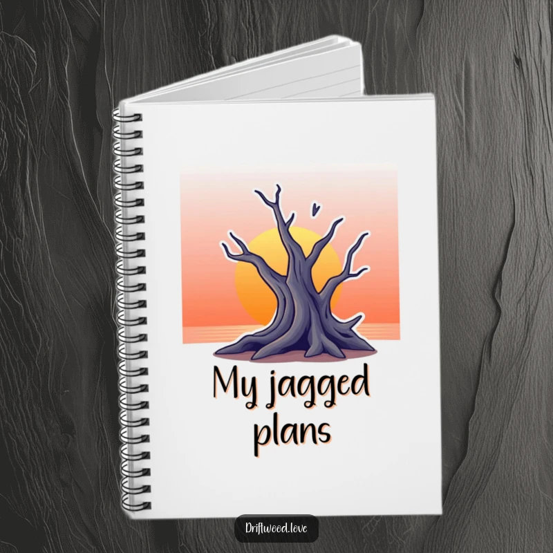 Funny notebook with a cover featuring a jagged silhouette of driftwood against a gradient sunset background, perfect for artistic note-taking.