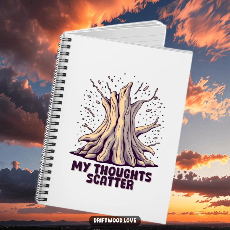 Funny Journal with fragmented, deconstructed driftwood emerging from digital noise, perfect for creative writing and sketching.