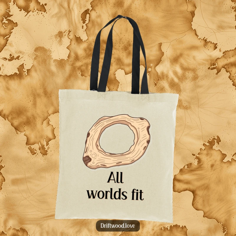 Funny Celestial Tote Bag with elongated driftwood and carved-out celestial negative space, perfect for carrying essentials with cosmic style.