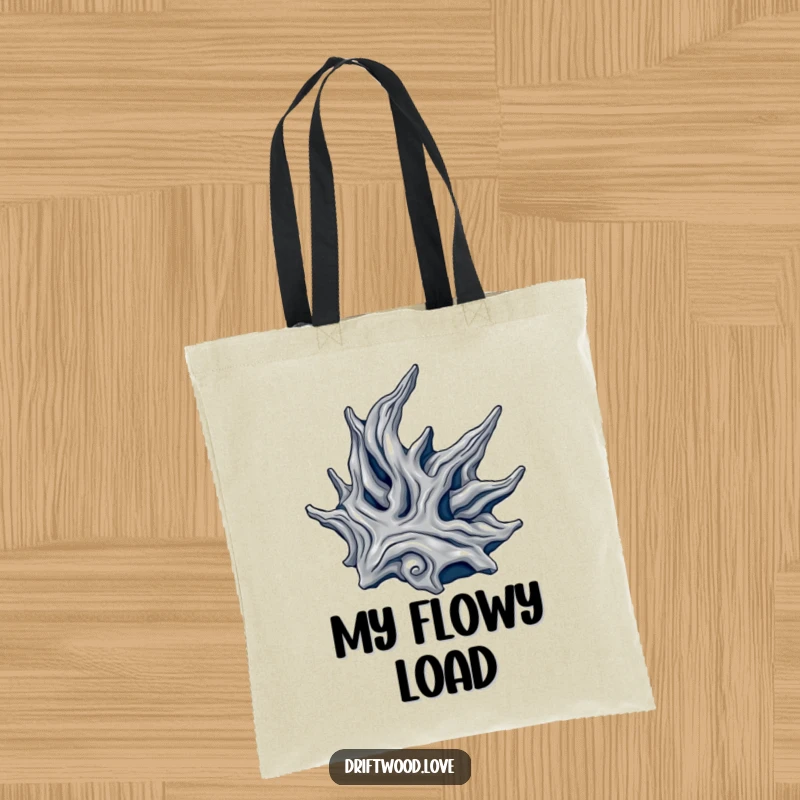 Funny tote bag showcasing a flowing, organic driftwood shape in metallic silver and deep navy, perfect for carrying essentials with elegance.